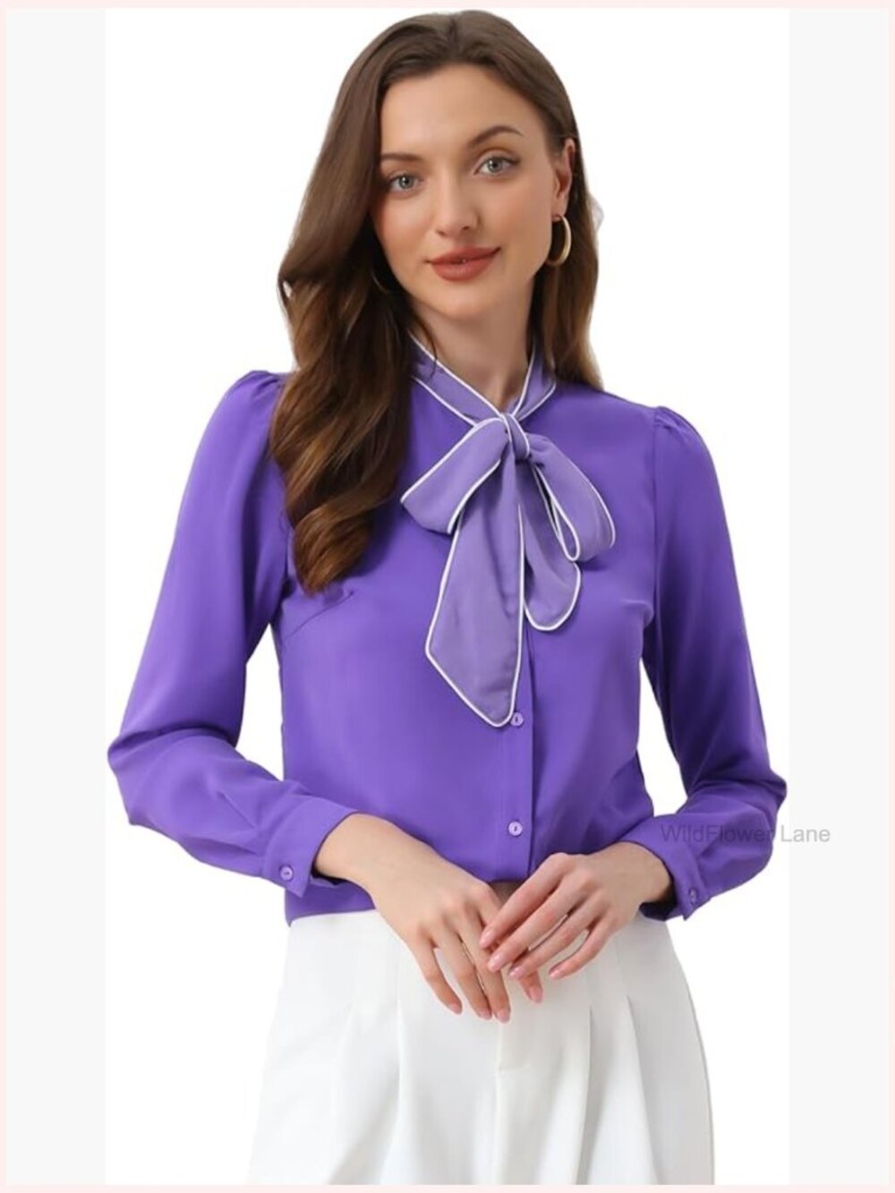 Long Sleeve Button Down Bow Tie Blouse Work Business Casual Shirt Top